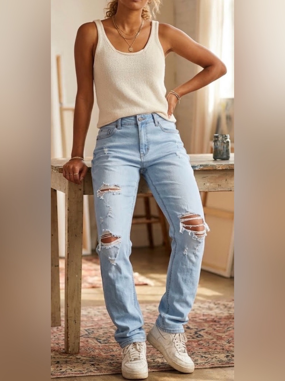 Ring of Fire Light Blue Straight Leg Jeans with Distressed Knee
